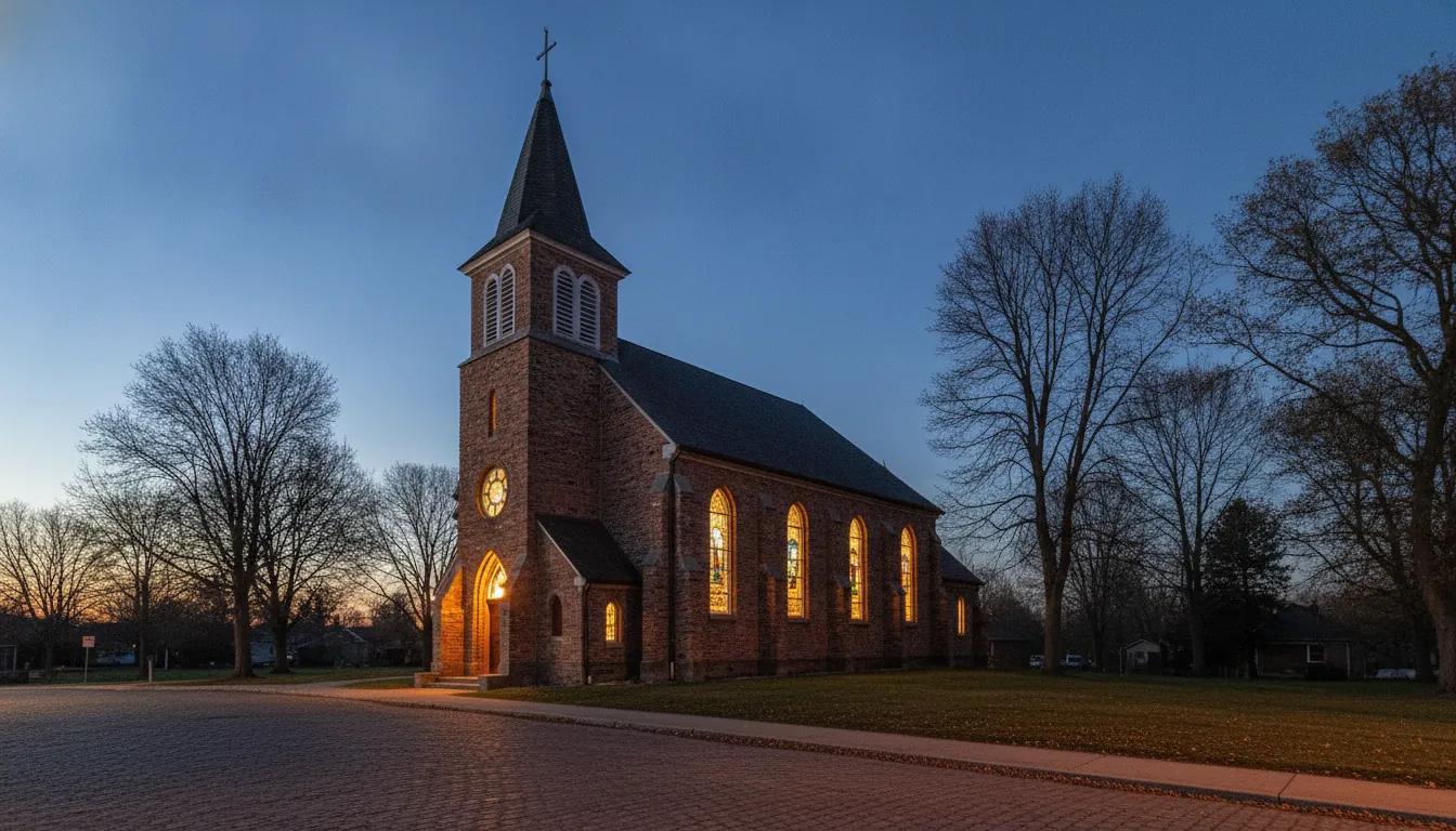 A brick parish church at dusk, its windows lit