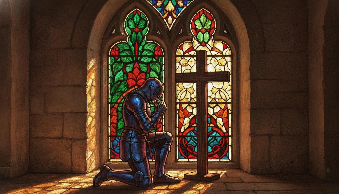 A stained-glass window of a knight kneeling in prayer before a cross