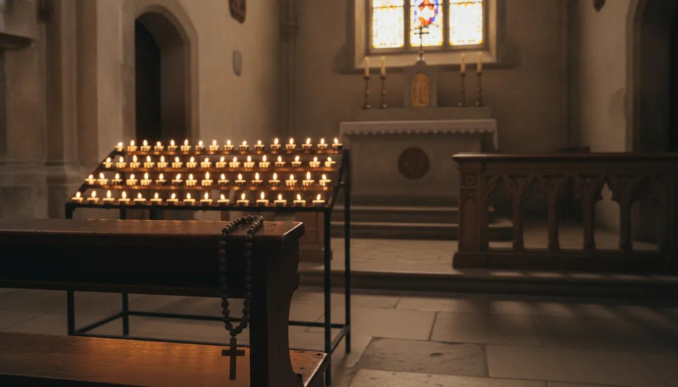 Votive candles burning in a side chapel, a rosary resting on a pew