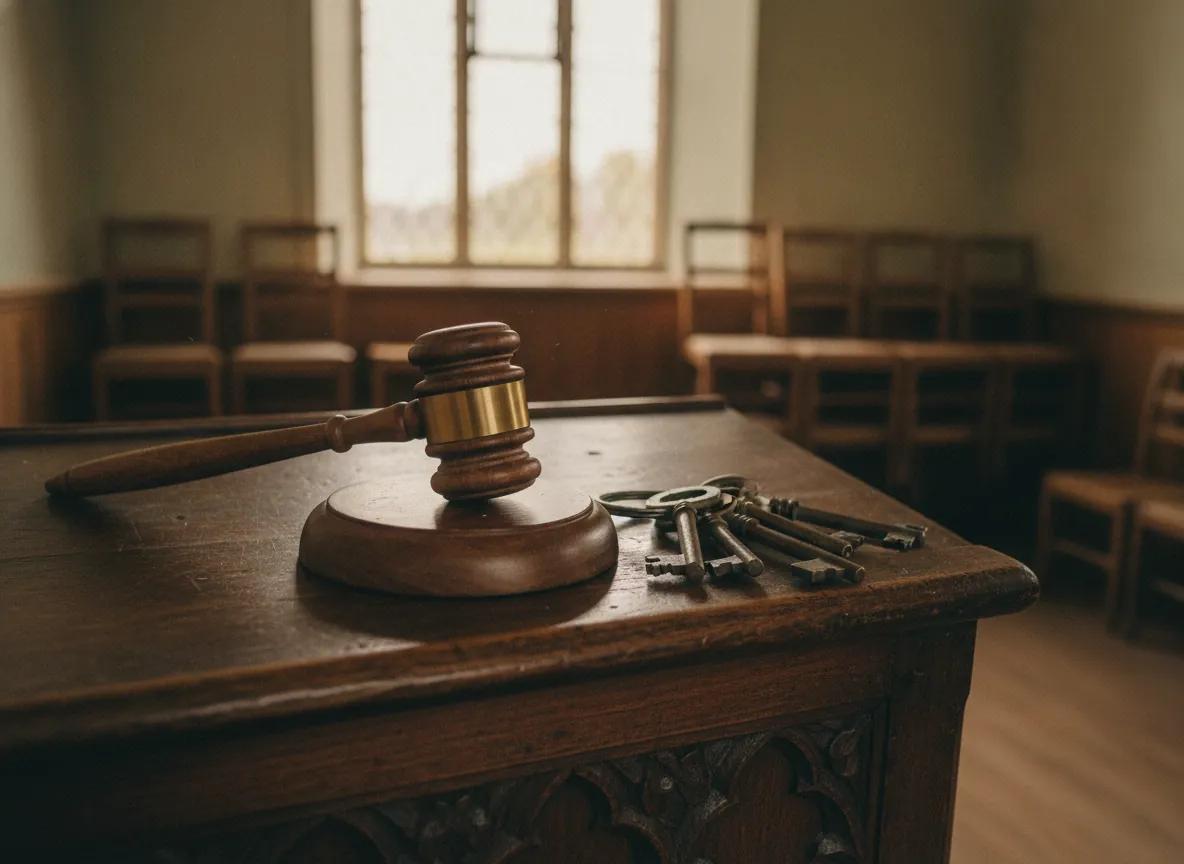 A gavel and a ring of keys on a wooden lectern, ready to hand over