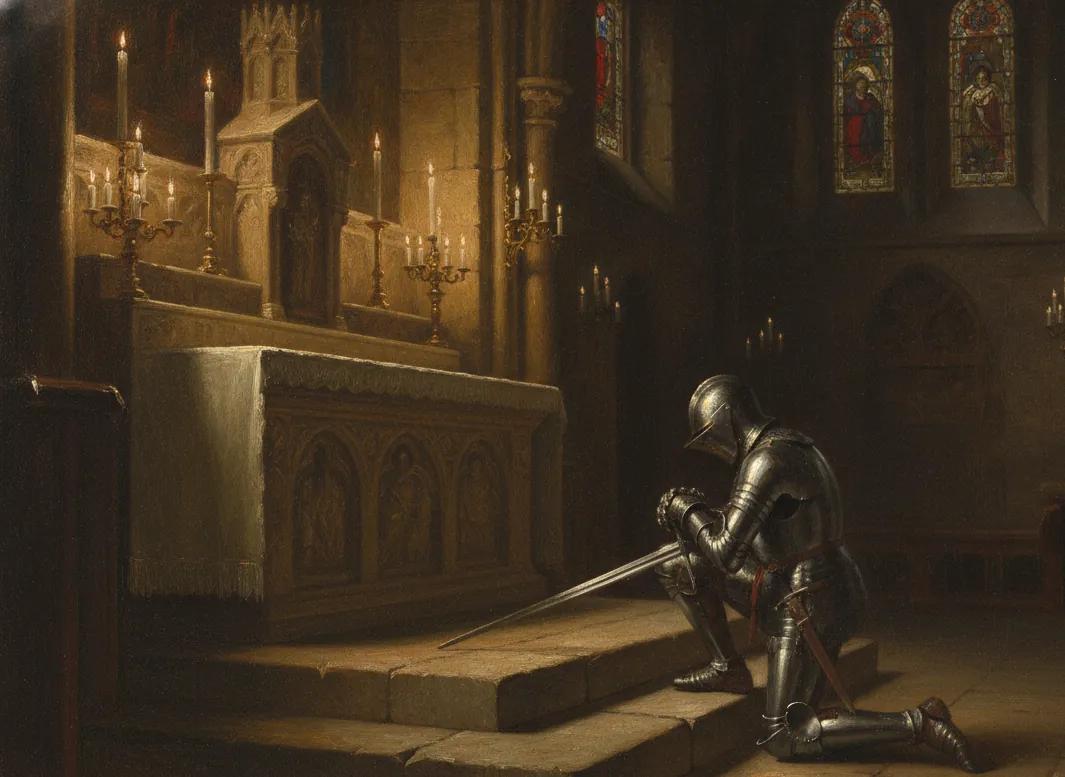 A painting of a knight laying his sword on the steps of a candlelit altar