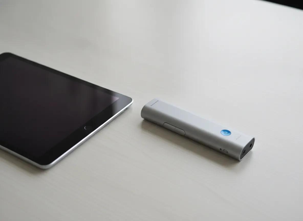 A voice recorder beside a tablet on a meeting table