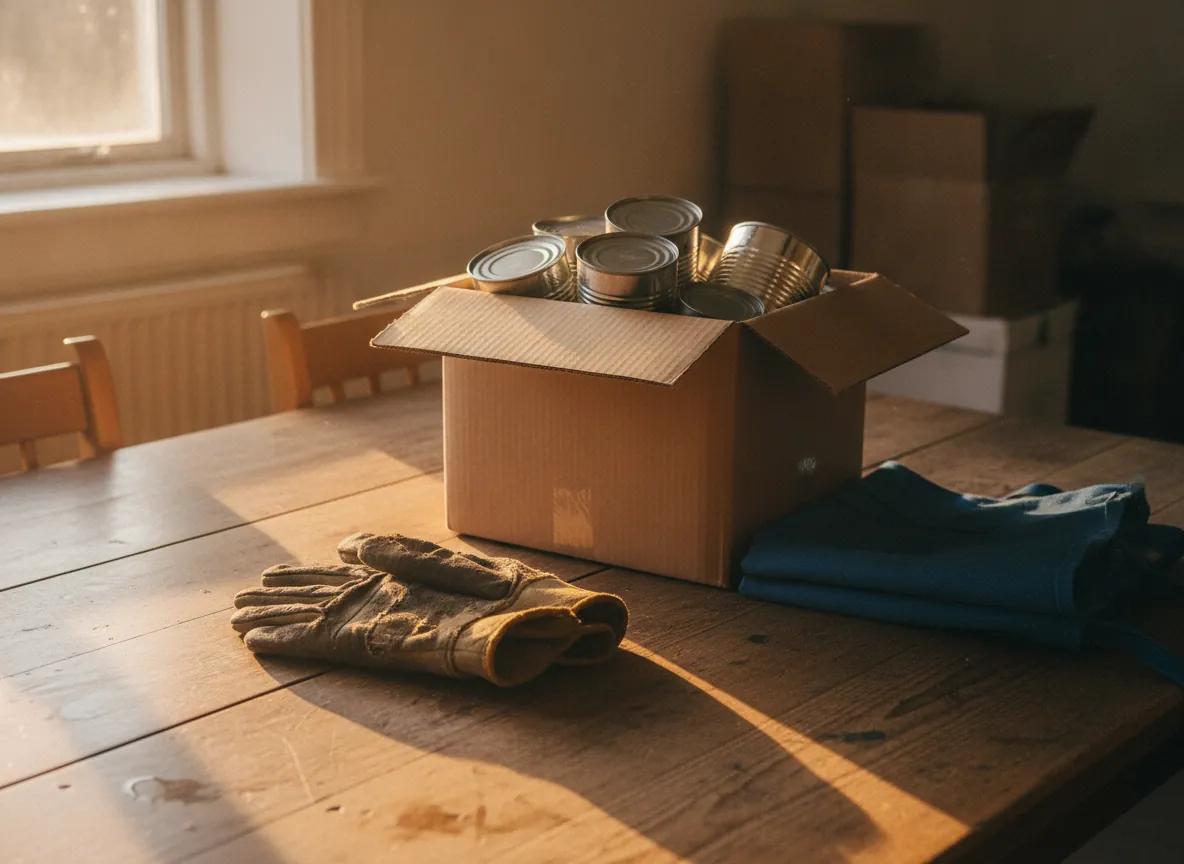 Work gloves beside a box of donated canned food on a parish-hall table